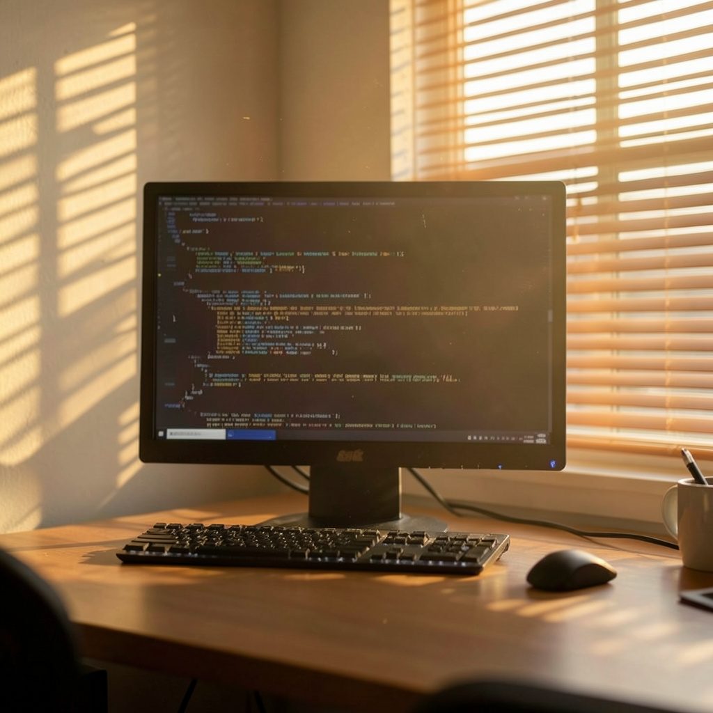 A clean desk setup with a monitor displaying abstract code-like patterns, bathed in warm golden-hour sunlight streaming through blinds