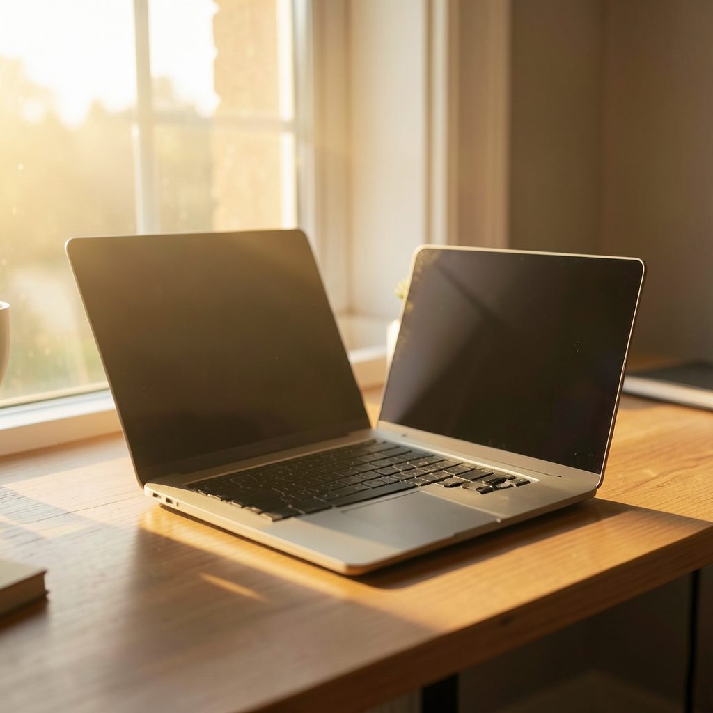 A modern laptop on a wooden desk near a sunlit window, warm golden-hour light casting soft shadows, calm and inviting atmosphere